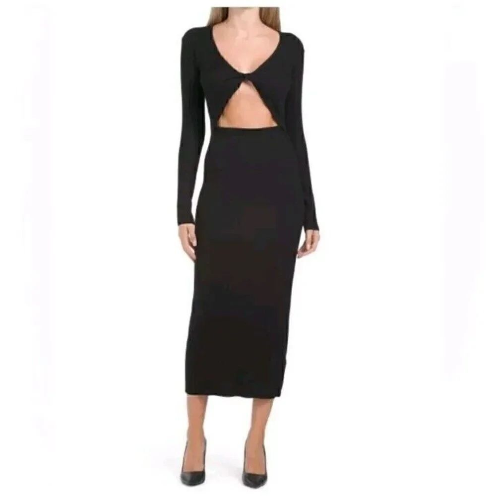 House of Harlow 1960 Women's Sheath Midi Dress Black Cut Out Long Sleeve Size M